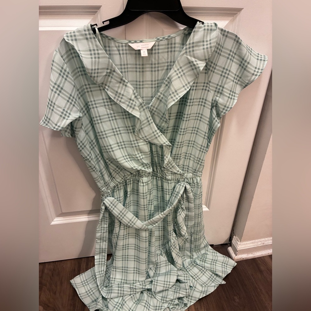 LC Lauren Conrad Green and White Ruffled Wrap Sundress